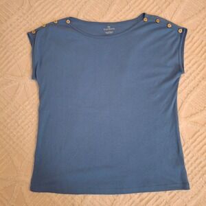 Talbots Large Sleeveless T-Shirt Blue Pima Cotton Button Shoulder Muscle Tee